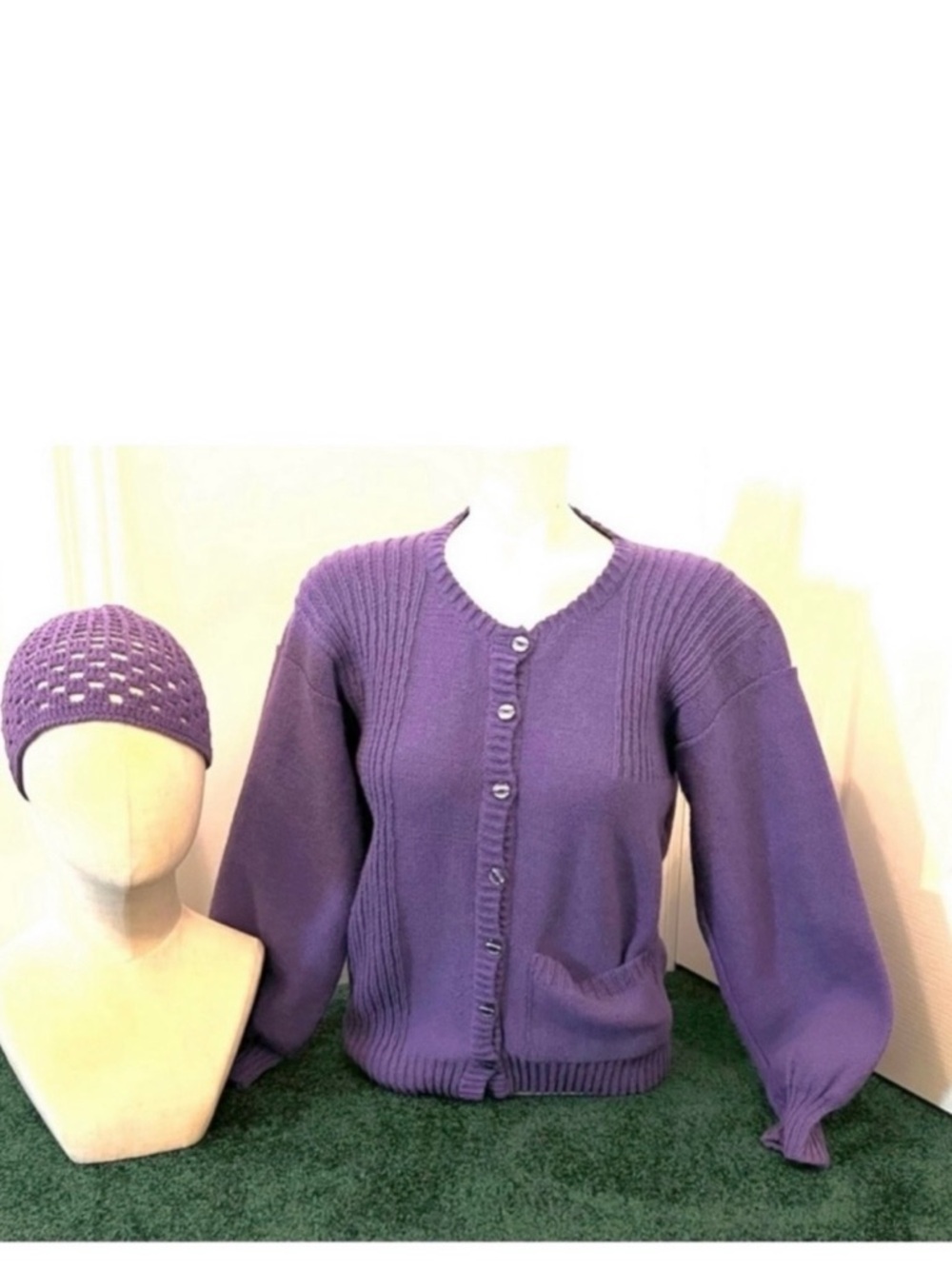 Vintage Quebec Handknitted Cardigan & Hat Set · Lilac Quiet Luxury Heirloom